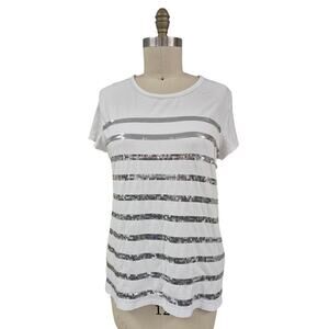 ELLEN TRACY Sz  L white cotton blend T-shirt Bling  silver sequined stripes
